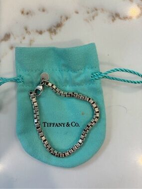 Tiffany & Co. Sterling Silver Box Chain Bracelet with Aqua Pouch